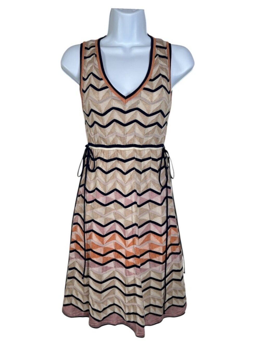 Missoni Sleeveless Chevron Knit Mini Dress Zig Zag Peach Pink Tan Fit Flare US 4